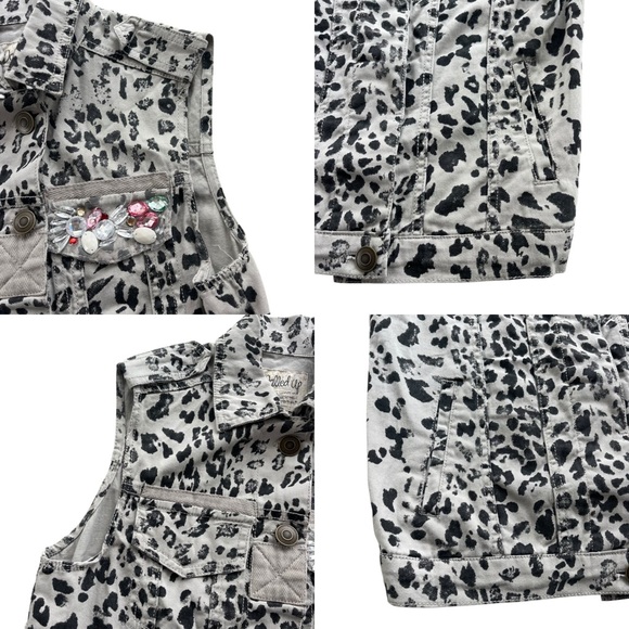 Dolled Up Womens Sz XS Gray Black Leopard Print Cotton Rhinestone Button Up Vest - Picture 5 of 16